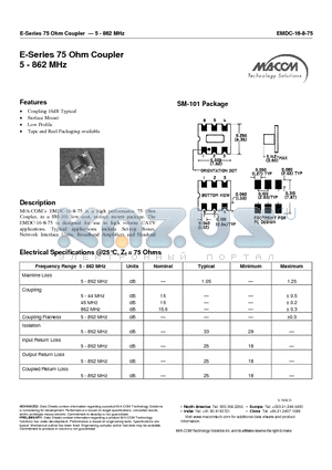 EMDC-16-8-75 datasheet - E-Series 75 Ohm Coupler 5 - 862 MHz