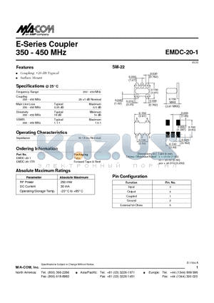 EMDC-20-1TR datasheet - E-Series Coupler 350 - 450 MHz