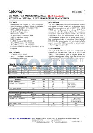 SPS-33100AG datasheet - 3.3V / 1550 nm / 155 Mbps LC SFP SINGLE-MODE TRANSCEIVER