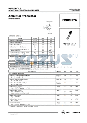 P2N2907A datasheet - Amplifier Transistor(PNP Silicon)