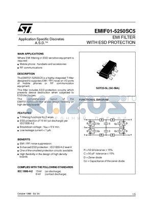 EMIF01-5250SC5 datasheet - EMI FILTER WITH ESD PROTECTION