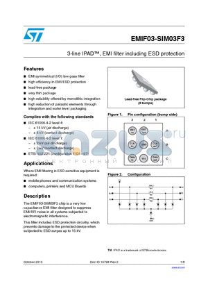 EMIF03-SIM03F3 datasheet - 3-line IPAD, EMI filter including ESD protection