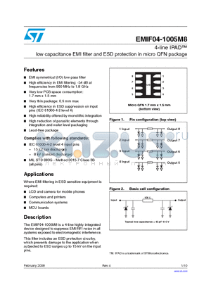 EMIF04-1005M8 datasheet - 4-line IPAD low capacitance EMI filter and ESD protection in micro QFN package