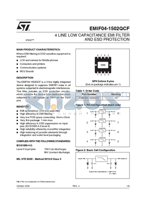 EMIF04-1502QCF datasheet - 4 LINE LOW CAPACITANCE EMI FILTER AND ESD PROTECTION