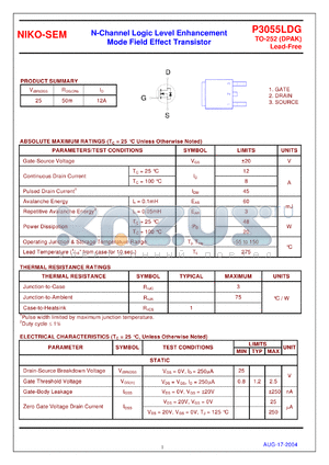 P3055LDG datasheet - N-Channel Logic Level Enhancement Mode Field Effect Transistor