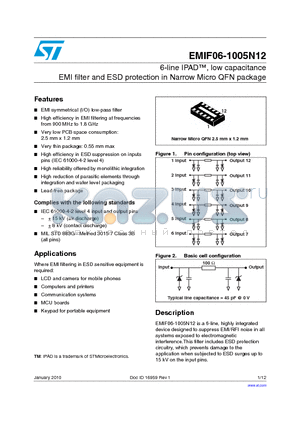 EMIF06-1005N12 datasheet - 6-line IPAD, low capacitance EMI filter and ESD protection in Narrow Micro QFN package