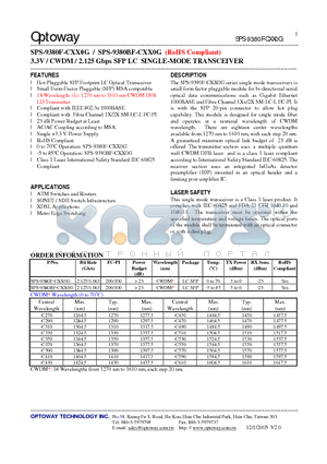 SPS-9380BF-CXX0G datasheet - 3.3V / CWDM / 2.125 Gbps SFP LC SINGLE-MODE TRANSCEIVER