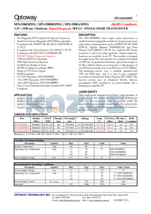 SPS-9380MWG datasheet - 3.3V / 1550 nm /Multirate Digital Diagnostic SFP LC SINGLE-MODE TRANSCEIVER