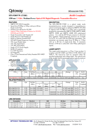 SPS-9380VW-1T1RG datasheet - 1550 nm / 3 Gb/s Medium Power Optical SMDigital Diagnostic Transmitter/Receiver