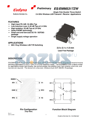 EMM5317ZW datasheet - Single Pole Double Throw Switch 2.4 GHz Wireless LAN Transmit / Receive Applications