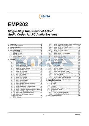 EMP202 datasheet - Single-Chip Dual-Channel AC97 Audio Codec for PC Audio Systems