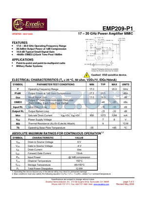 EMP209-P1 datasheet - 17 - 20 GHz Power Amplifier MMIC