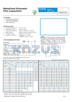 EMPE102J2A datasheet - Metallized Polyester Film Capacitors