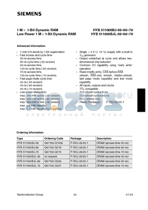 HYB511000BJ- datasheet - 1 M x 1-Bit Dynamic RAM Low Power 1 M d 1-Bit Dynamic RAM