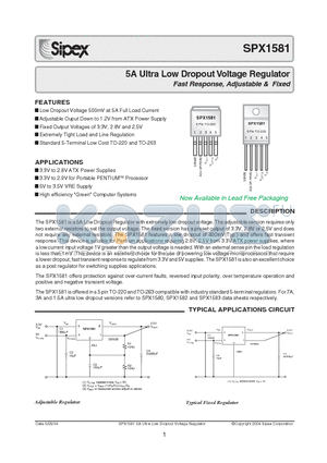 SPX1581T5 datasheet - 5A Ultra Low Dropout Voltage Regulator Fast Response, Adjustable & Fixed