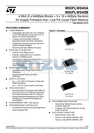 M50FLW040BNB1P datasheet - 4 Mbit (5 x 64KByte Blocks  3 x 16 x 4KByte Sectors) 3V Supply Firmware Hub / Low Pin Count Flash Memory