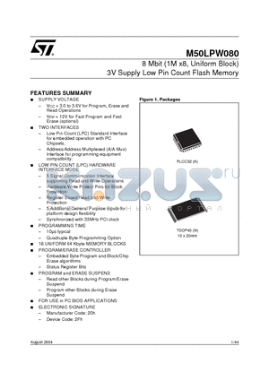 M50LPW080N5T datasheet - 8 Mbit 1Mb x8, Uniform Block 3V Supply Low Pin Count Flash Memory