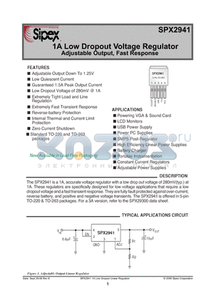 SPX2941U5 datasheet - 1A Low Dropout Voltage Regulator Adjustable Output, Fast Response