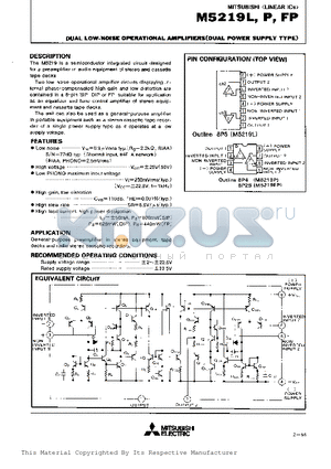 M5219P datasheet - DUAL LOW-NOISE OPERATIONAL AMPLIFIERS(DUAL POWER SUPPLY TYPE)
