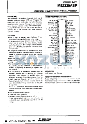 M52339 datasheet - NTSC SYSTEM SINGLE-CHIP COLOR TV SIGNAL PROCESSOR