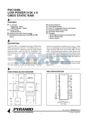 P4C1048L-100PM datasheet - LOW POWER 512K x 8 CMOS STATIC RAM