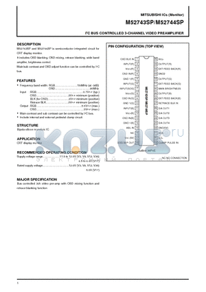 M52744SP datasheet - I 2 C BUS CONTROLLED 3-CHANNEL VIDEO PREAMPLIFIER