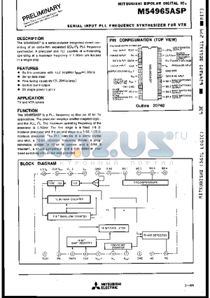 M54965ASP datasheet - SERIAL INPUT PLL FREQUENCY SYNTHESIZER FOR VTR