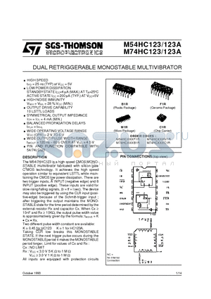 M54HC123F1R datasheet - DUAL RETRIGGERABLE MONOSTABLE MULTIVIBRATOR