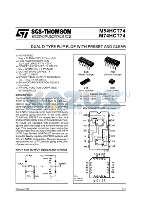 M54HCT74 datasheet - DUAL D TYPE FLIP FLOP WITH PRESET AND CLEAR