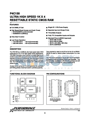 P4C150-12PC datasheet - ULTRA HIGH SPEED 1K X 4 RESETTABLE STATIC CMOS RAM