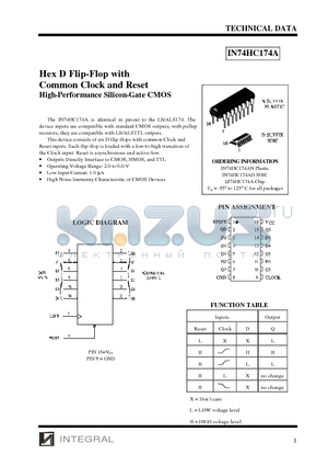 IZ74HC174A datasheet - Hex D Flip-Flop with Common Clock and Reset High-Performance Silicon-Gate CMOS