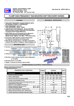 SR7501 datasheet - 75 AMP HIGH FREQUENCY TAB MOUNTED SOFT RECOVERY DIODES