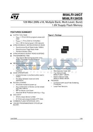 M58LR128GT85ZB5 datasheet - 128 Mbit (8Mb x16, Multiple Bank, Multi-Level, Burst) 1.8V Supply Flash Memory