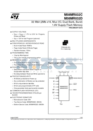 M58MR032CZC datasheet - 32 Mbit 2Mb x16, Mux I/O, Dual Bank, Burst 1.8V Supply Flash Memory