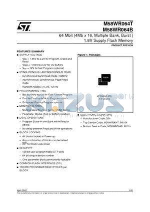 M58WR064B datasheet - 64 Mbit (4Mb x 16, Multiple Bank, Burst ) 1.8V Supply Flash Memory