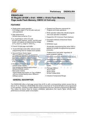 EN29GL064L-70BIP datasheet - 64 Megabit (8192K x 8-bit / 4096K x 16-bit) Flash Memory