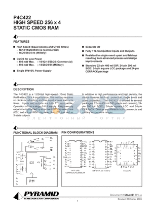 P4C422-35DMB datasheet - HIGH SPEED 256 x 4 STATIC CMOS RAM