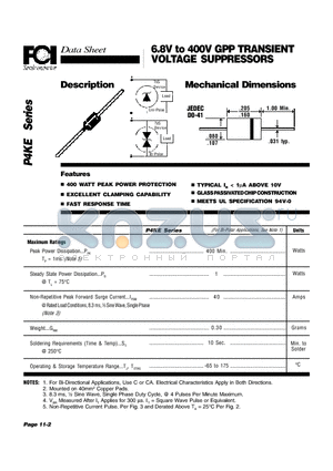 P4KE-130A datasheet - 6.8V to 400V GPP TRANSIENT VOLTAGE SUPPRESSORS