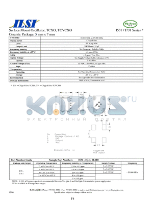 I731-7J2-20.000 datasheet - Surface Mount Oscillator, TCXO, TCVCXO Ceramic Package, 5 mm x 7 mm
