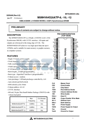 M5M4V64S20ATP-10 datasheet - 64M (4-BANK x 4194304-WORD x 4-BIT) Synchronous DRAM