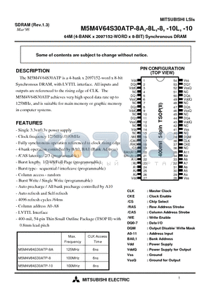 M5M4V64S30ATP-8 datasheet - 64M (4-BANK x 2097152-WORD x 8-BIT) Synchronous DRAM
