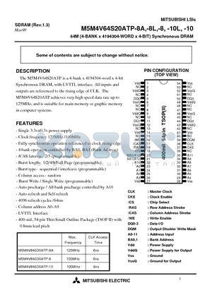 M5M4V64S30ATP-8A datasheet - 64M (4-BANK x 4194304-WORD x 4-BIT) Synchronous DRAM