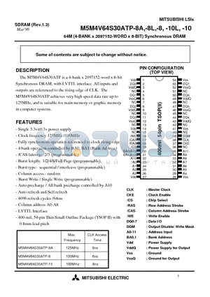 M5M4V64S30ATP-8A datasheet - 64M (4-BANK x 2097152-WORD x 8-BIT) Synchronous DRAM