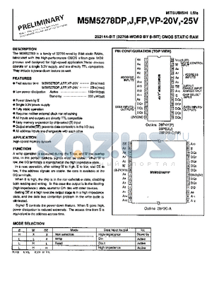 M5M5278VP-20V datasheet - 262144-BIT (32768-WORD BY 8-BIT) CMOS STATIC RAM