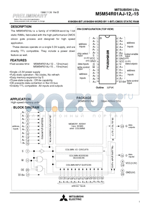 M5M54R01AJ-12 datasheet - 4194304-BIT (4194304-WORD BY 1-BIT) CMOS STATIC RAM