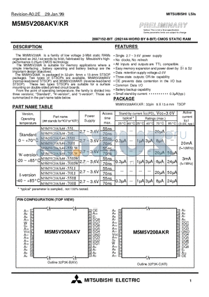 M5M5V208AKV datasheet - 2097152-BIT (262144-WORD BY 8-BIT) CMOS STATIC RAM