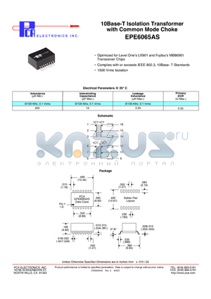 EPE6065AS datasheet - 10Base-T Isolation Transformer