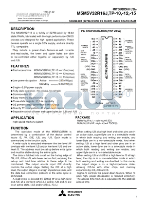 M5M5V32R16J-15 datasheet - 524288-BIT (32768-WORD BY 16-BIT) CMOS STATIC RAM