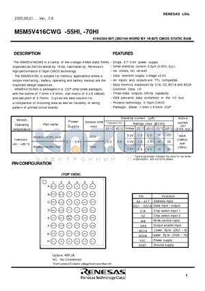 M5M5V416CWG-70HI datasheet - 4194304-BIT (262144-WORD BY 16-BIT) CMOS STATIC RAM