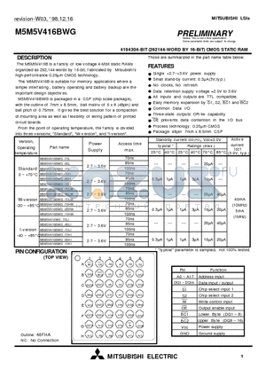 M5M5V416BWG-10LW datasheet - 4194304-BIT (262144-WORD BY 16-BIT) CMOS STATIC RAM